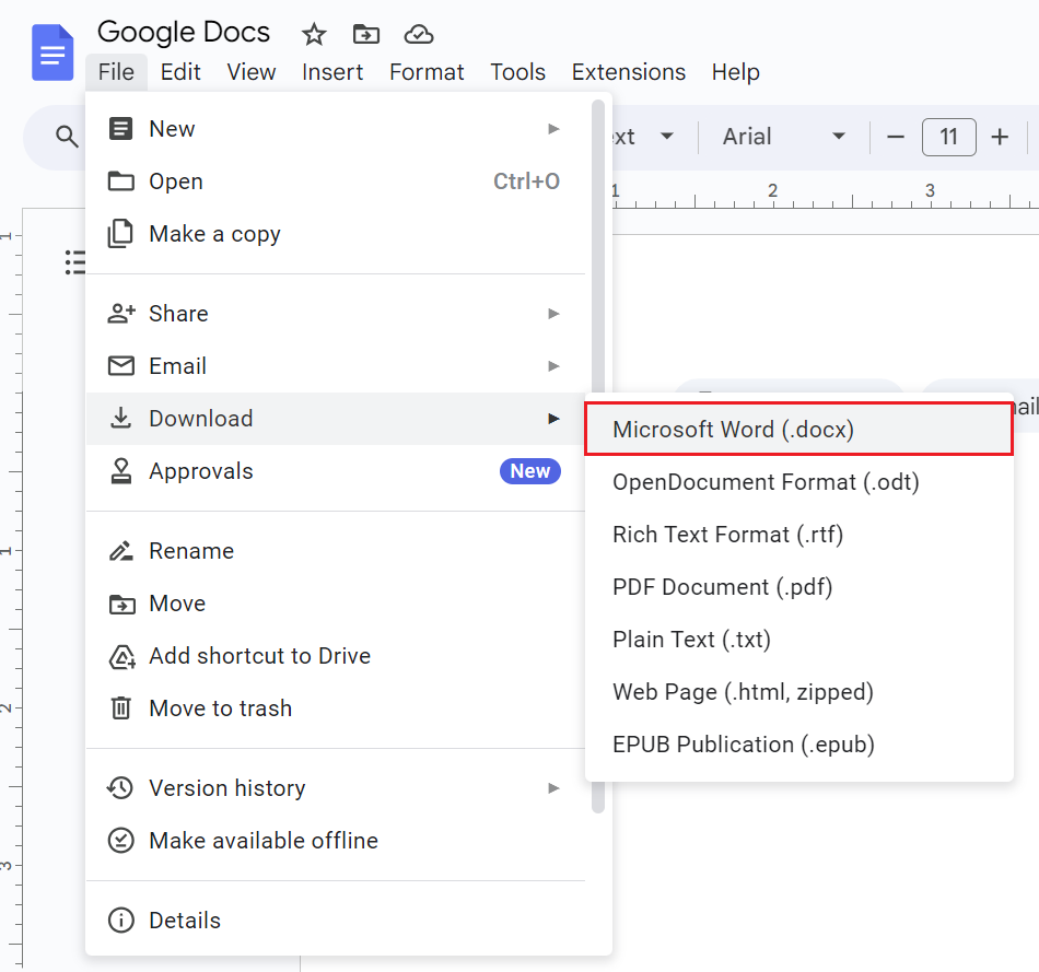 Google Docs, highlighting the option to import the file as DOCX
