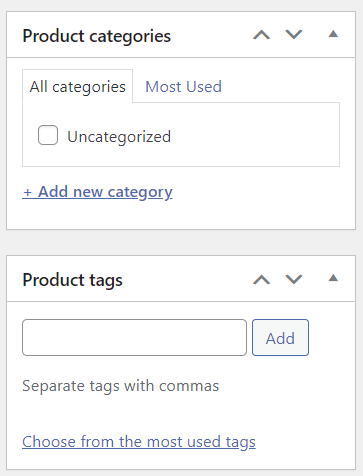 WooCommerce product category and tag sections