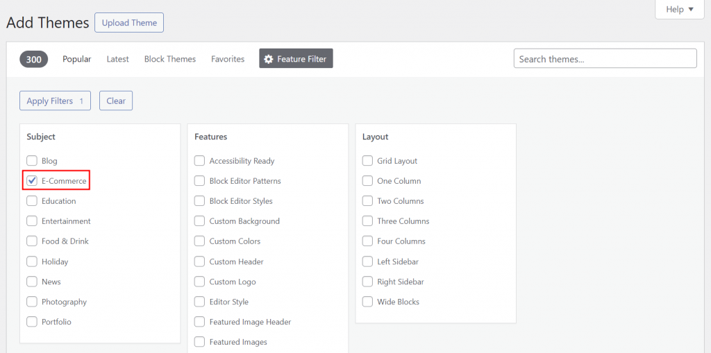 WordPress theme filters, highlighting the eCommerce filter
