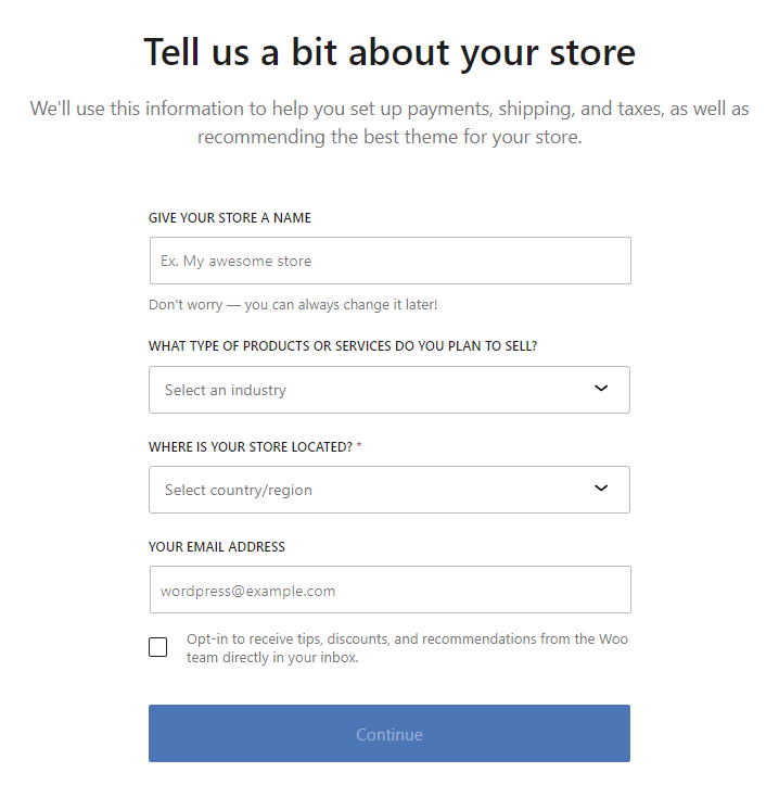 A WooCommerce setup form for submitting business details