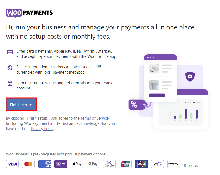 WooCommerce Payments dashboard, highlighting the button to finish the setup process