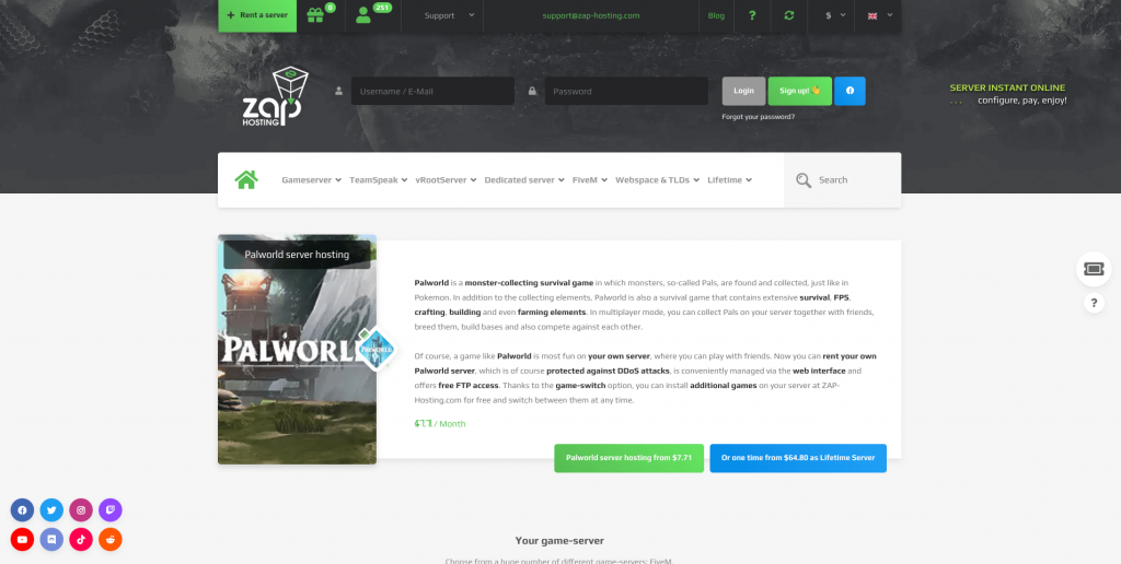 Website of the game hosting provider Zap Hosting
