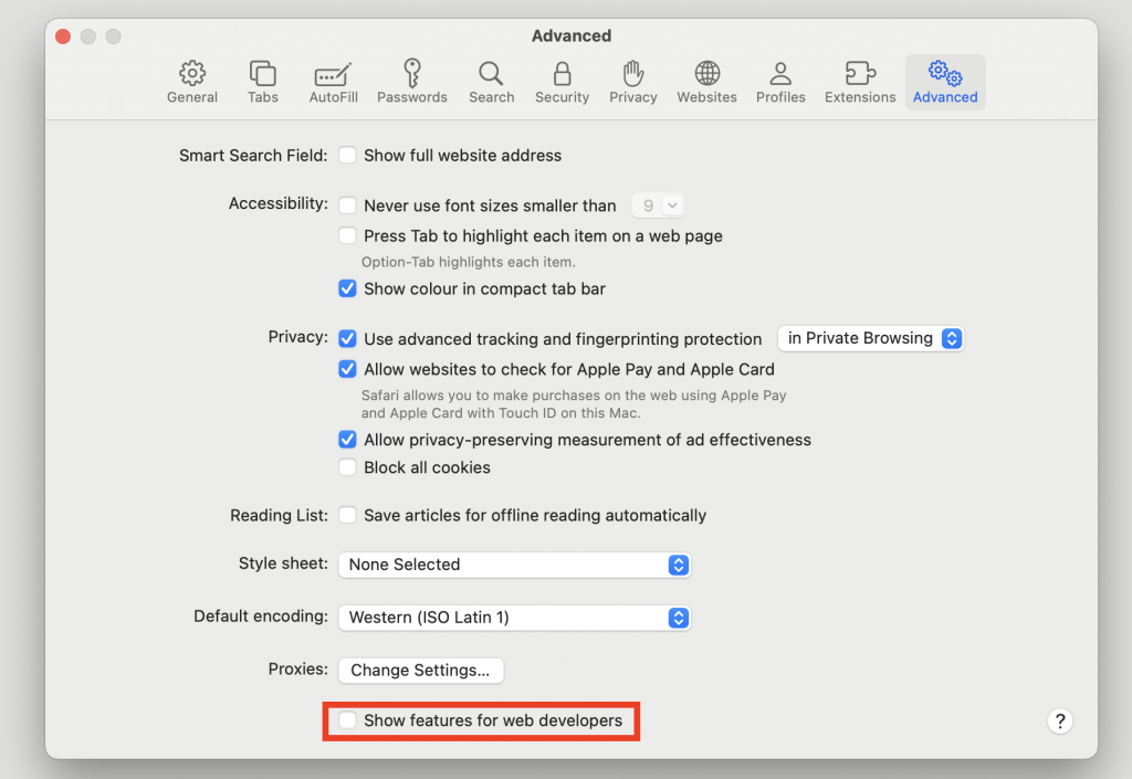 Advanced settings selected and Show features for web developers section highlighted