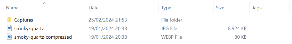 The smoky quartz images in File Explorer showing different sizes