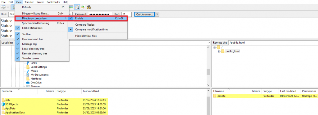 Enabling the Directory comparison feature on FileZilla