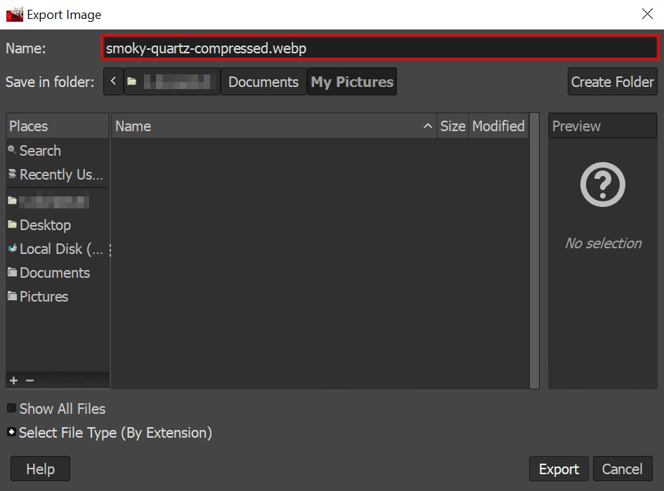 GIMP's Export Image field with the name field highlighted