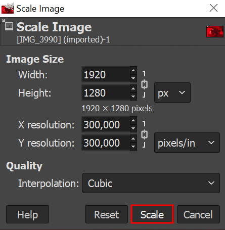 GIMP's Scale Image pop-up window with Image Size adjusted and the Sale button highlighted