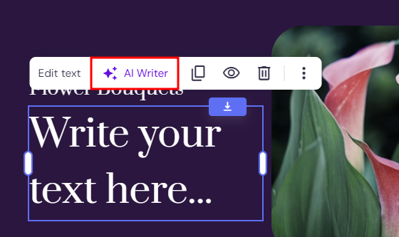 Hostinger's element toolbar, highlighting the AI Writer feature