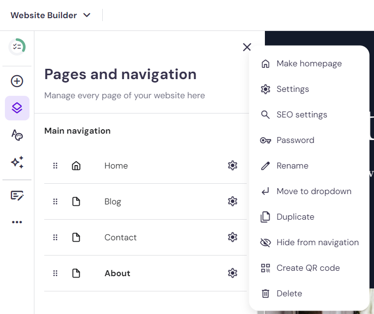 Pages and navigation settings in Hostinger's site builder