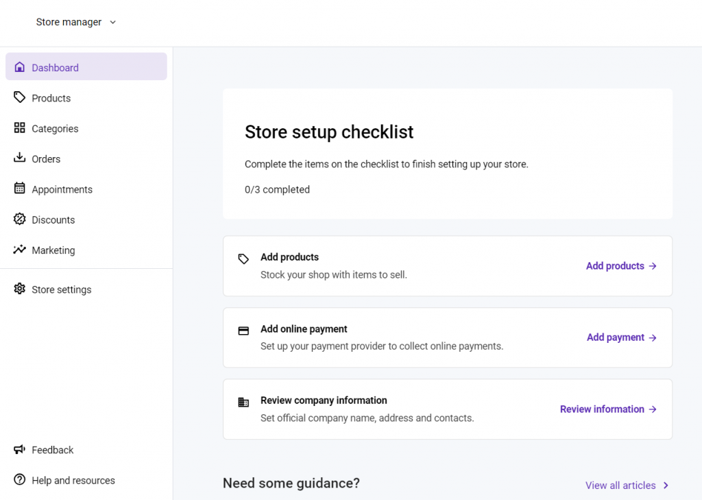 The store management area in Hostinger's site creator