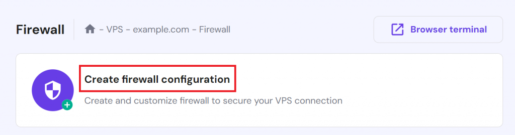 Accessing the Create firewall configuration option on hPanel