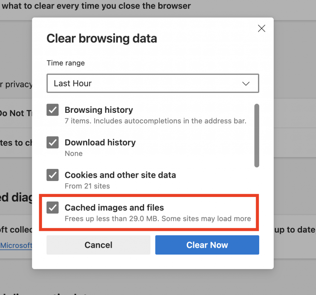 Clear browsing data pop-up with cached images and files section highlighted