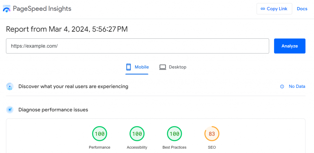 The mobile performance report on Google PageSpeed Insights