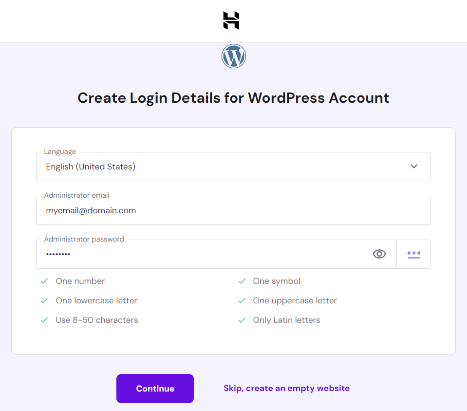WordPress onboarding form for creating a new account