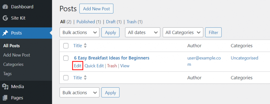 The Edit button on WordPress' All Posts menu