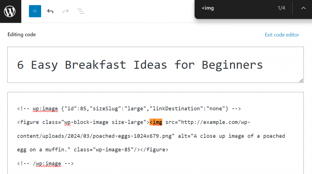 A WordPress post's code editor running the img tag find