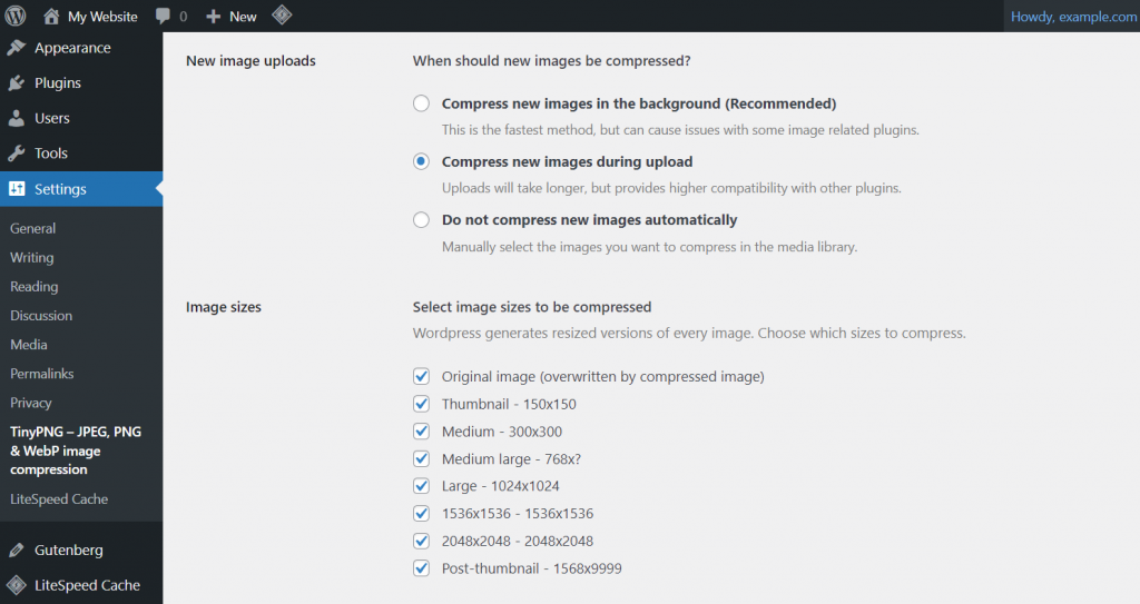 The New image uploads and Image sizes subsections on TinyPNG's settings