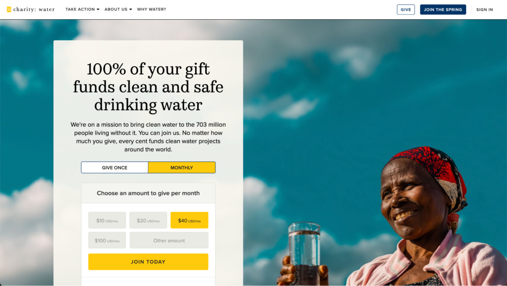 Homepage of charity water