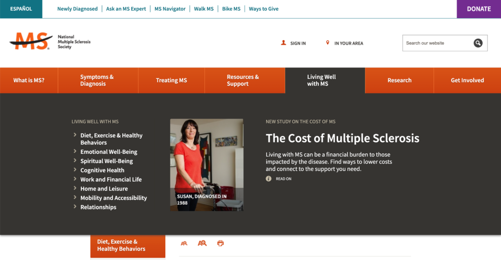 Living Well with MS category menu expanded on National MS Society's website