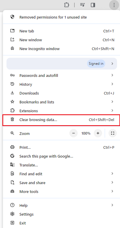 Google Chrome menu bar, highlighting the option to clear browsing data
