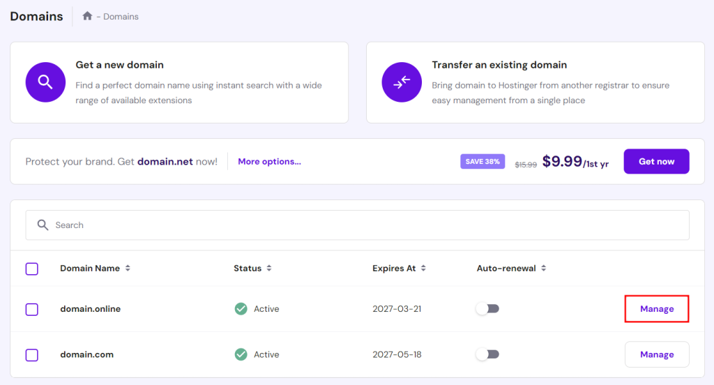 Domains page in hPanel