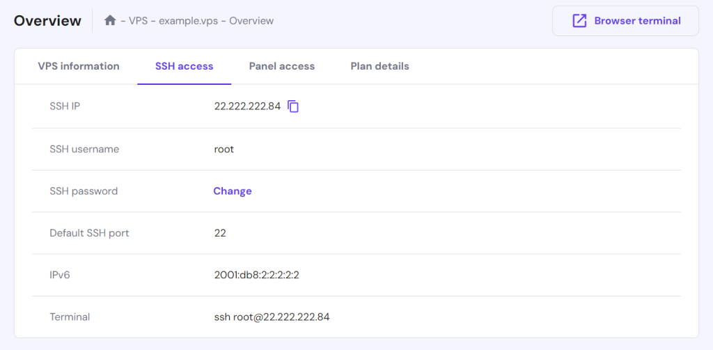 Accessing the SSH access tab on hPanel's VPS dashboard
