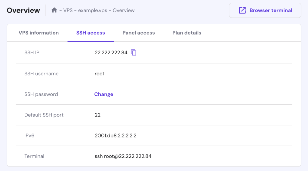 The VPS "Overview" dashboard for "SSH access" on hPanel