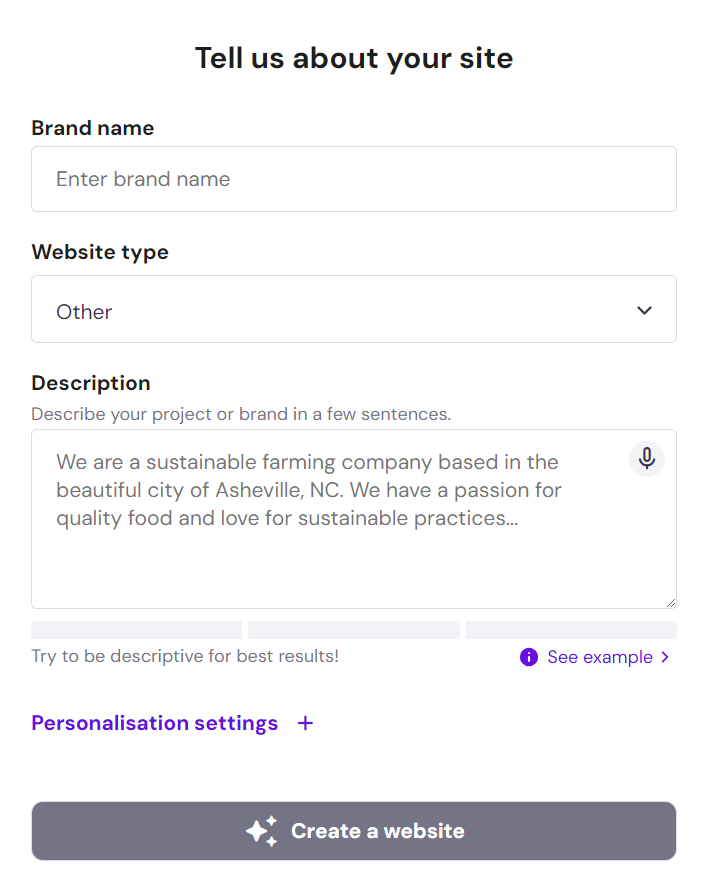 Hostinger onboarding form - three simple questions to create a website