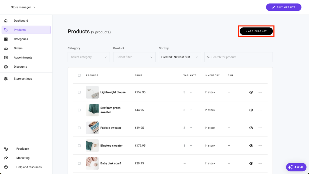 Online store product settings with add products button highlighted