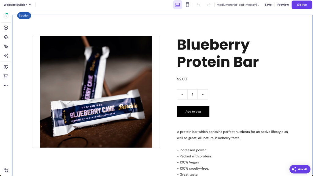 A product page of a protein bar in an online store built with Hostinger Website Builder