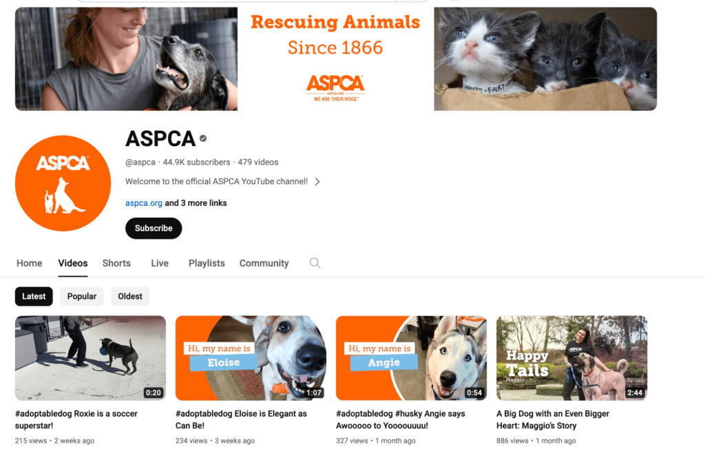 YouTube page of ASPCA
