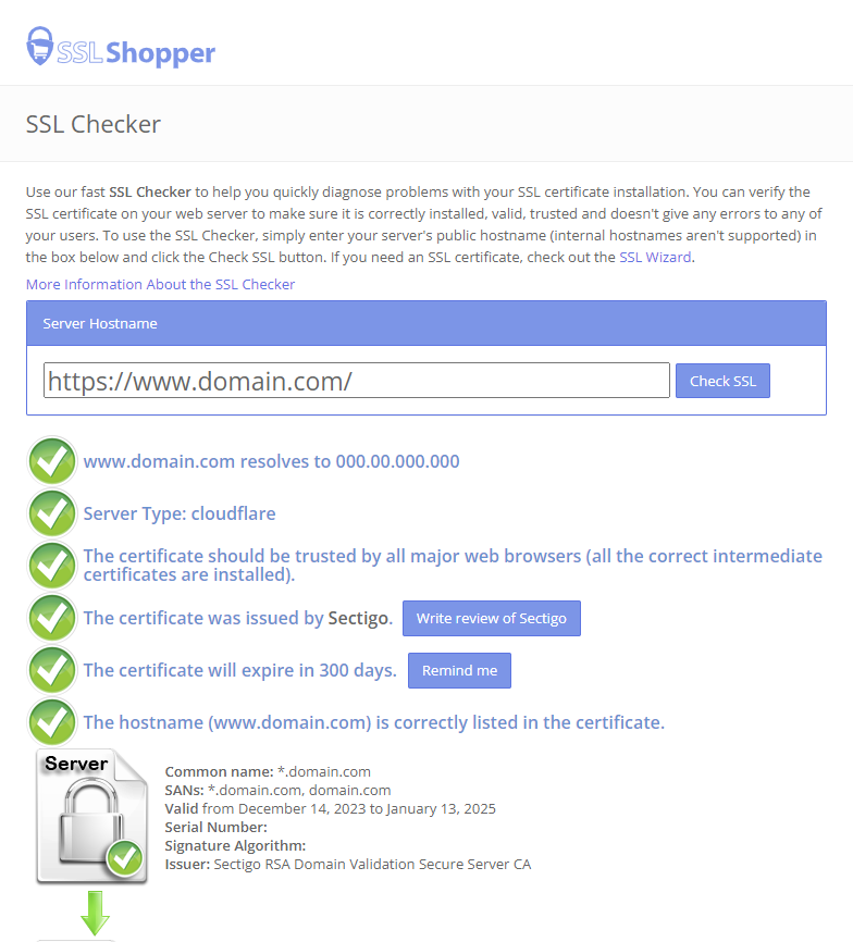 SSL check report by SSL Shopper