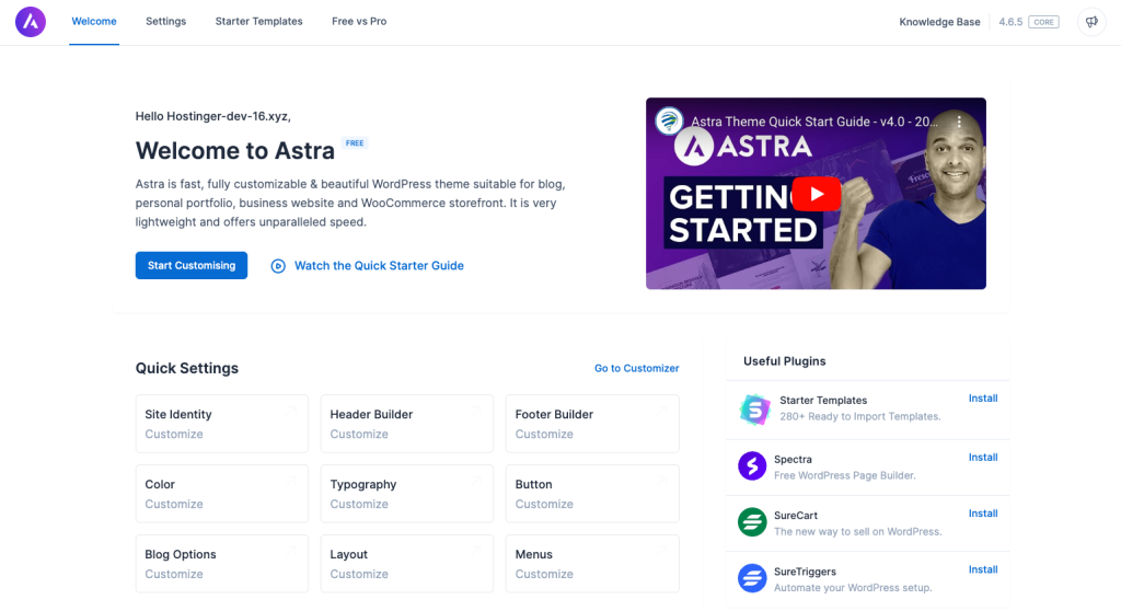 Astra's theme dashboard showing its quick settings and onboarding path starting point