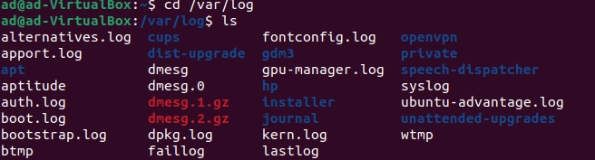 Linux terminal showing a change of directory to the log files folder and a list of all the files in the folder