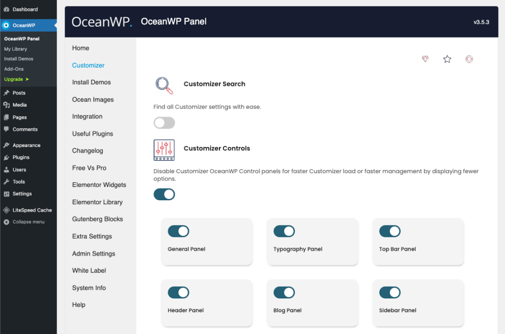 OceanWP's Customizer Controls in its control panel